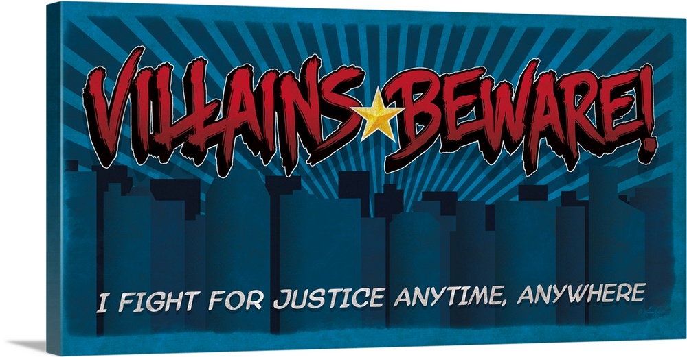 Superhero themed kids' typography art, of a comic book style cityscape with red text.