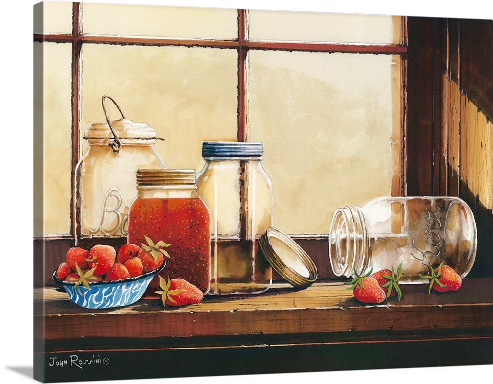 Still life artwork of mason jars in the process of being filled with strawberry jam on a window sill.