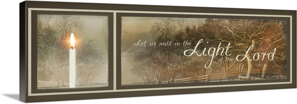 Faith-based artwork of a peaceful countryside scene with a lit candle in the foreground.