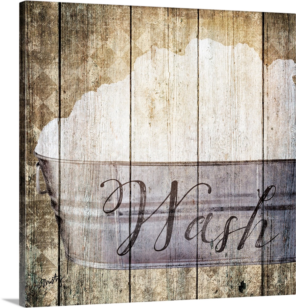 This rustic artwork features a galvanized wash tub with the word, Wash over it and distressed textured throughout.