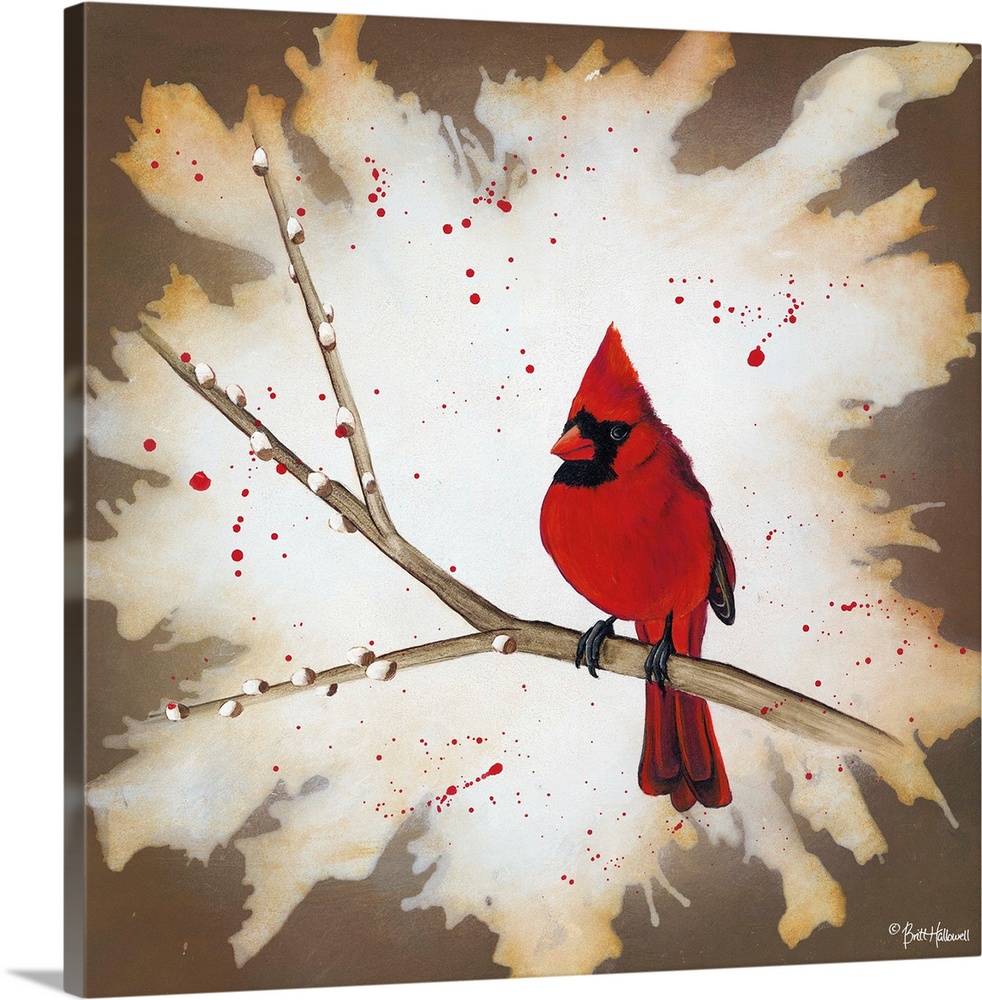 Contemporary painting of a red Cardinal on a branch with a textured border.