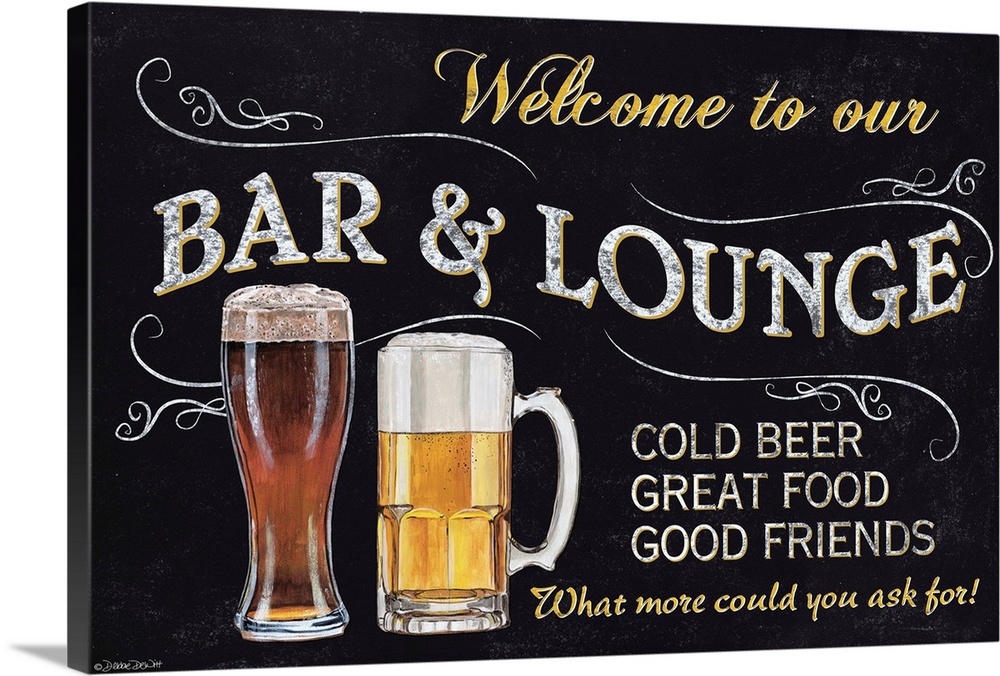 A chalkboard style sign with a beer glass and mug.