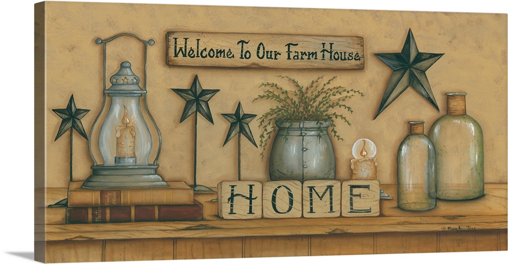 A shelf filled with items including a lantern, stars, and mason jars, with word "Home" spelled out in blocks.