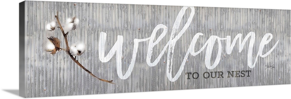"Welcome to Our Nest" on a gray distressed metal background.
