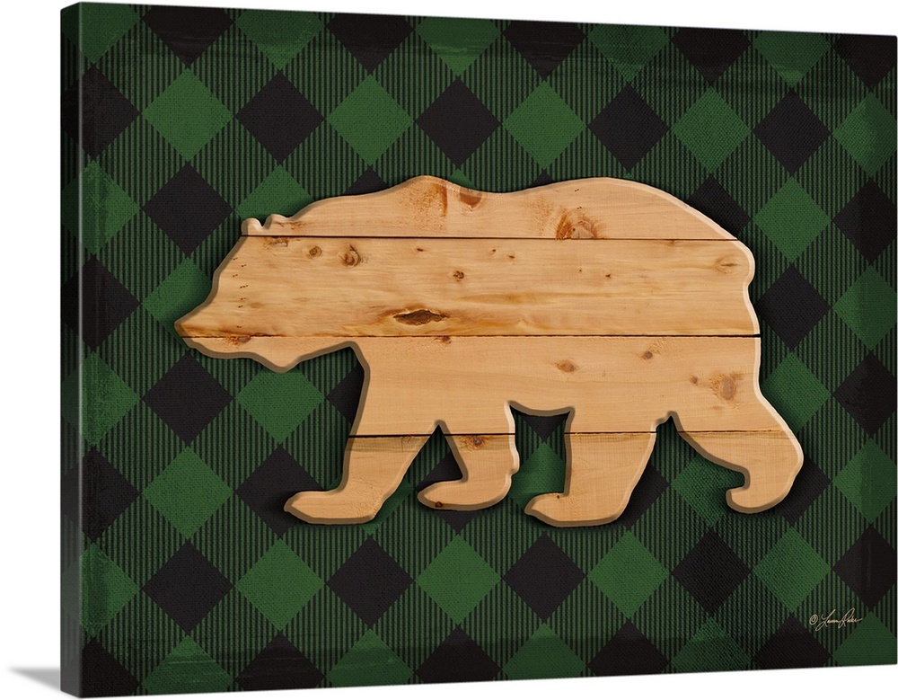 Silhouette of a bear with a wooden appearance over a green plaid background.