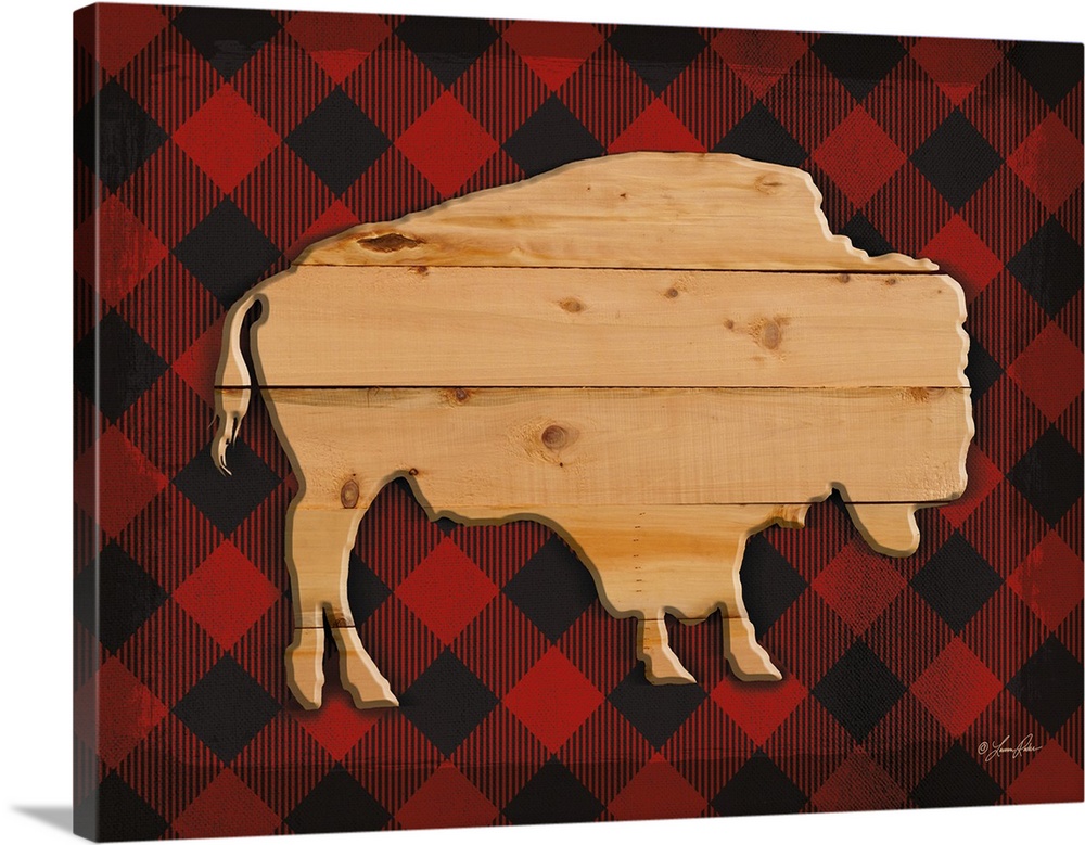 Silhouette of a buffalo with a wooden appearance over a red plaid background.