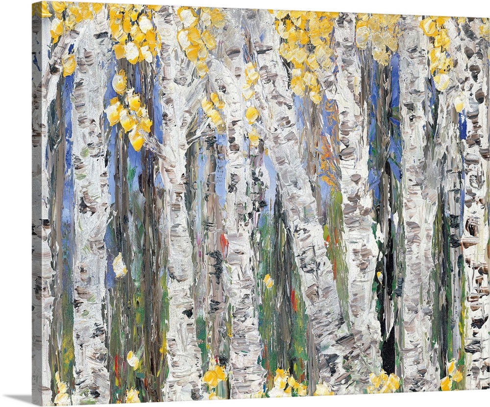 Contemporary art print of a forest of birch trees with bright yellow leaves.