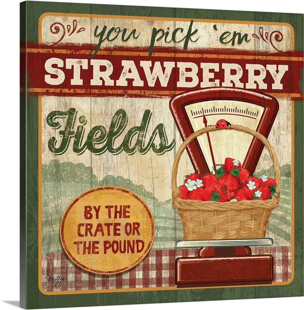 Vintage style sign with a weathered wood effect for strawberries.