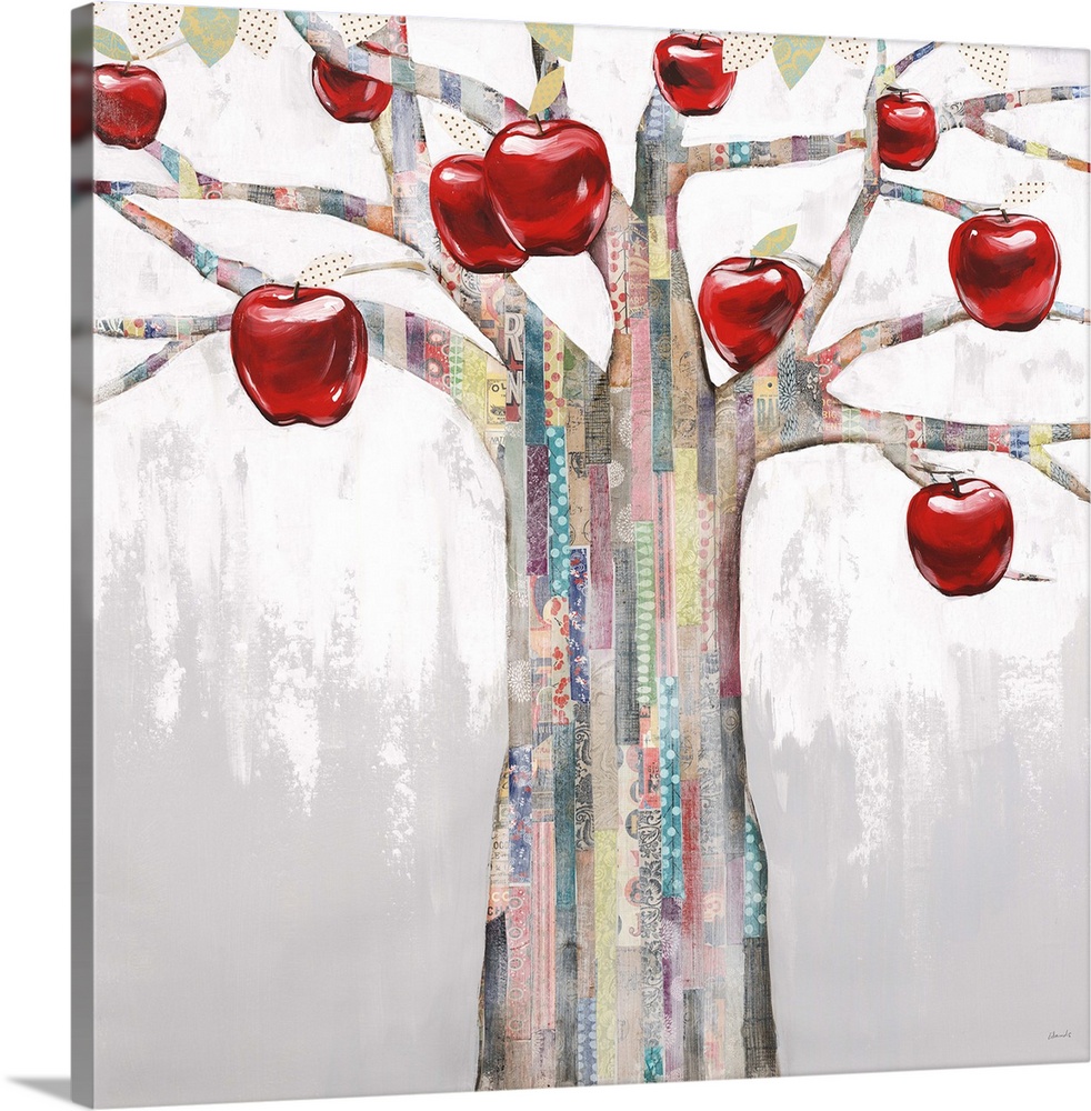 Contemporary painting of a tree with bright red apples hanging form the branches.