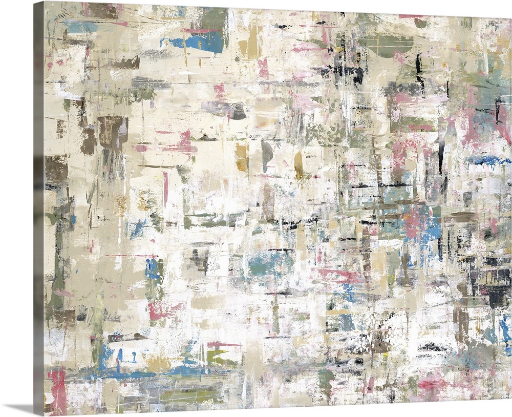Abstract painting of textured brush strokes with pastel accents, in the appearance of faint square shapes.