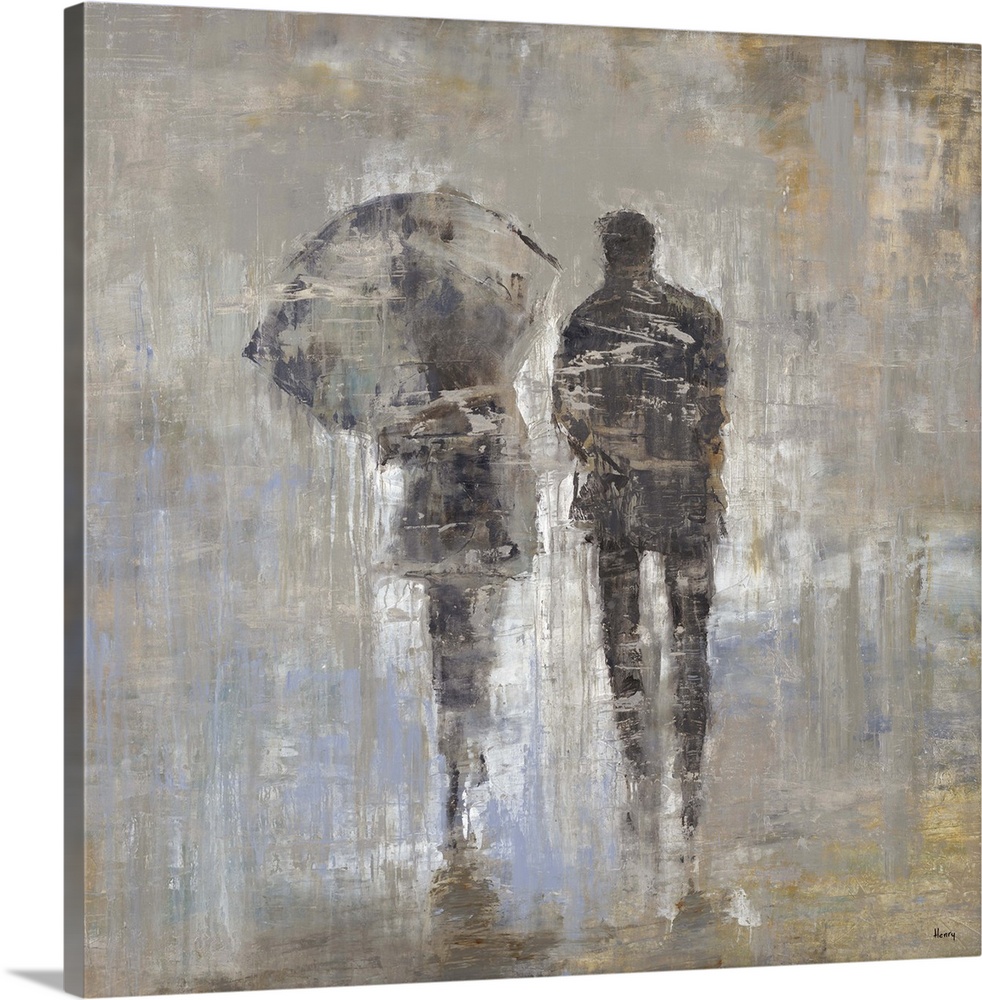 Figurative painting of the backs of a male and female form walking side by side, the female holding an umbrella over her h...