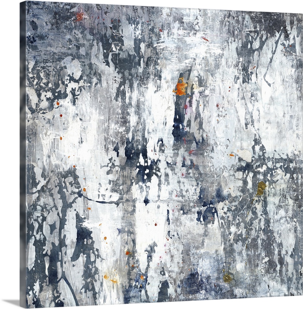 Large gray, white, and indigo abstract art with hints of orange, yellow, and gold throughout.