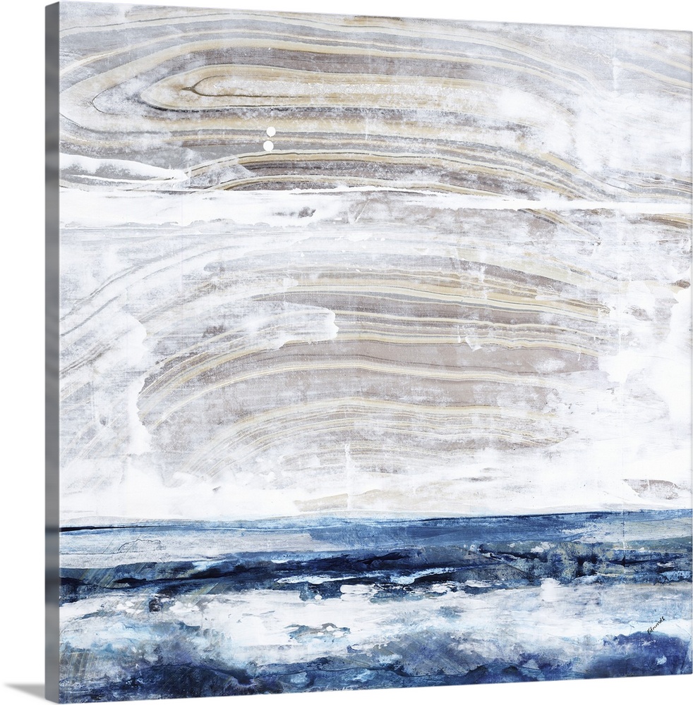 Square abstract painting with a faint, curved line design up top in neutral colors and covered in white paint with a blue ...
