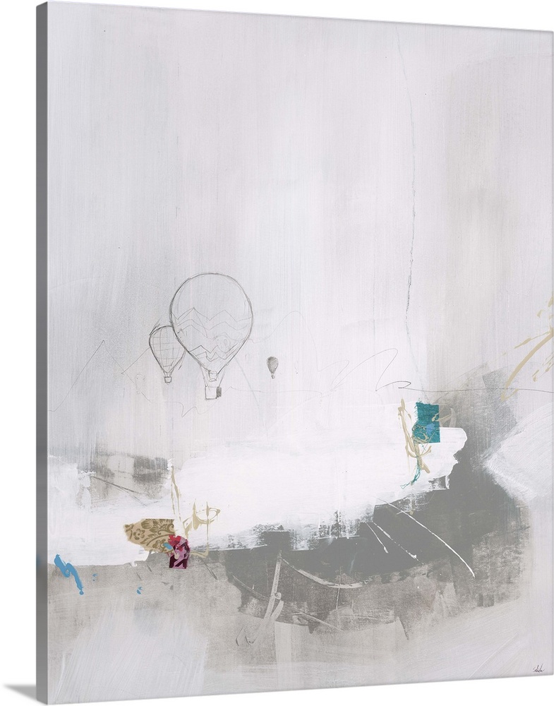 Contemporary abstract painting of a pencil drawing of hot air balloons against a neutral toned background, with splashes o...