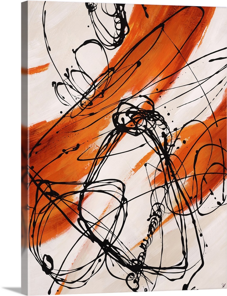 Abstract painting, with bright orange paint swipes and dark black thin line splatters.