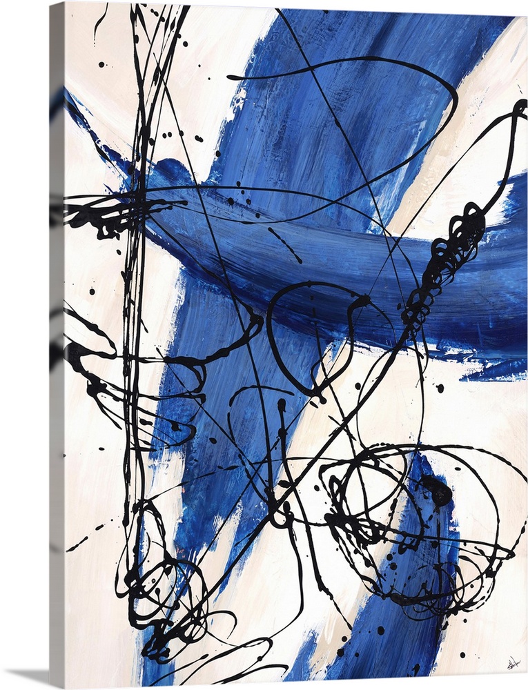 Abstract painting, with bright blue paint swipes and dark black thin line splatters.
