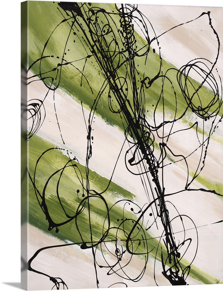 Abstract painting, with bright green paint swipes and dark black thin line splatters.