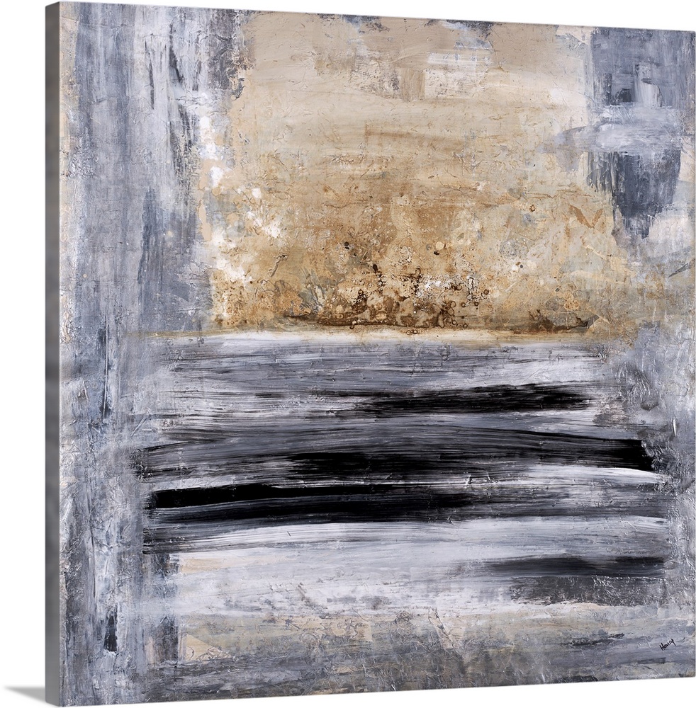 Square abstract painting in black, gray, white, and gold hues.