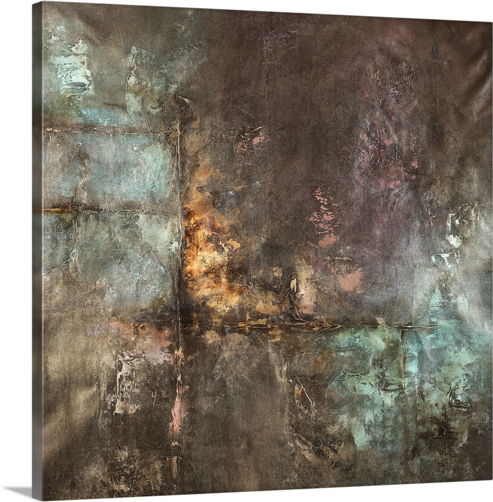 Abstract contemporary painting in almost metallic shades of brown and lavender.