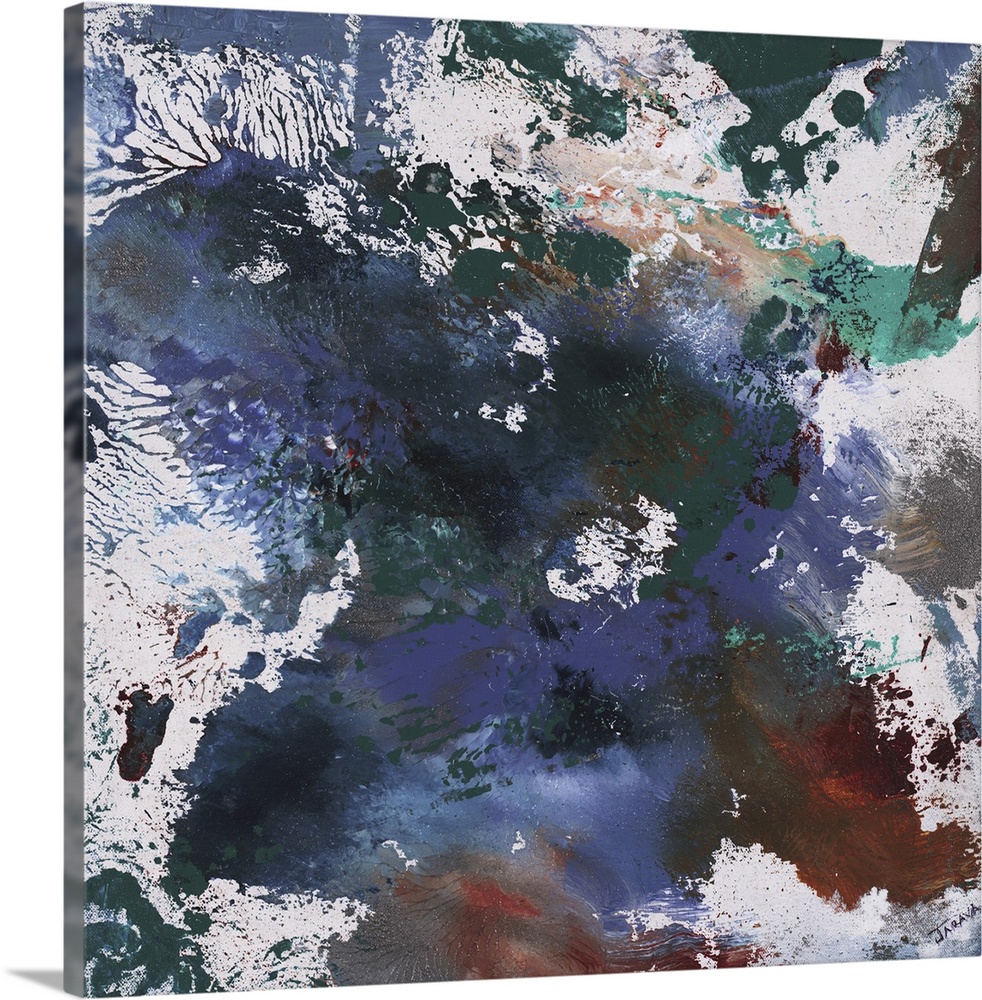 Square splattered abstract painting created with shades of blue, green, gray and burnt orange.