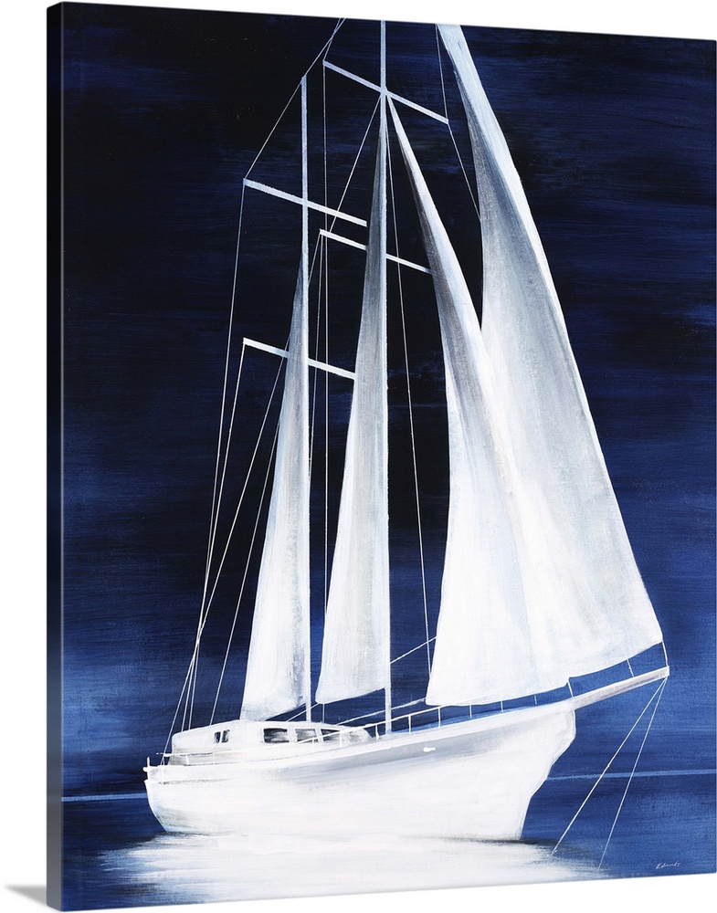 Contemporary painting of a white sailboat on blue water surrounded by a dark blue atmosphere.