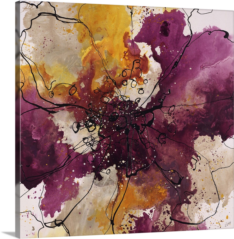 Abstract painting using bright purple and gold colors in radial splashes almost appearing ad flowers.