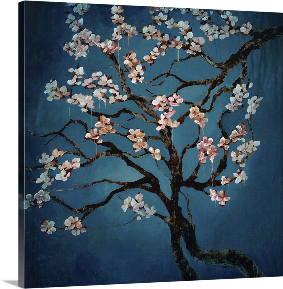 Contemporary painting of several intersecting branches of a blossom tree, the branches covered in small flowers, on a deep...