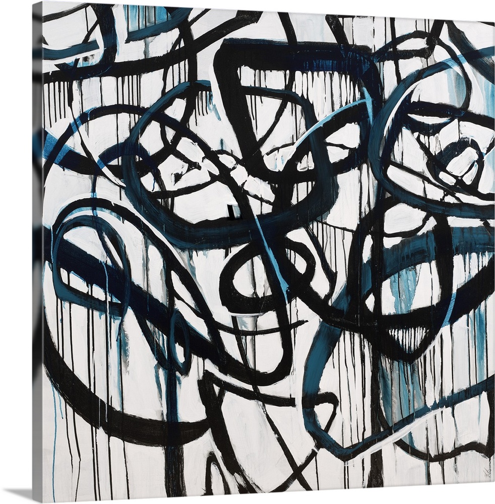 Contemporary abstract painting using harsh black lines moving in all directions dripping blue liquid.