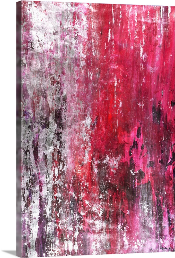 Contemporary abstract painting in vibrant pink and red hues running vertically across the canvas and gray, black, and whit...