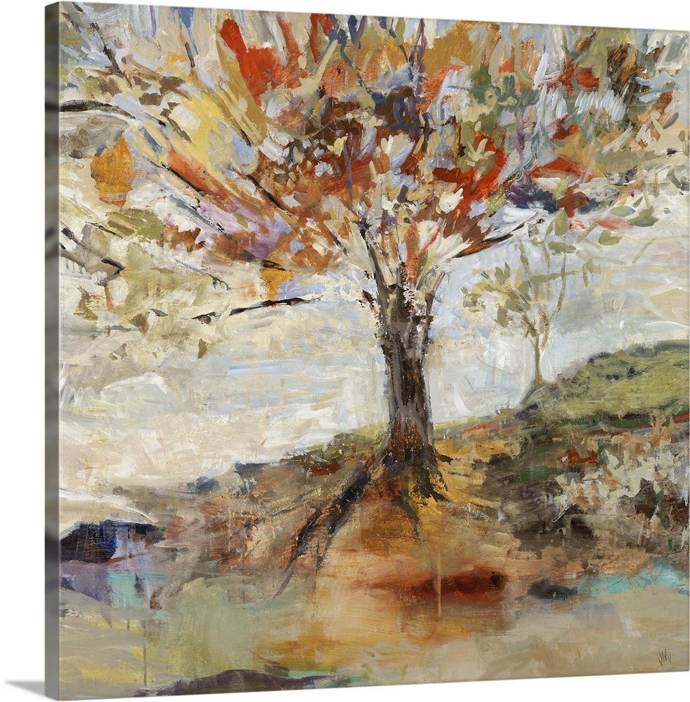 Contemporary landscape painting of a large tree on a hillside with vibrant, multicolored leaves and branches, in front of ...