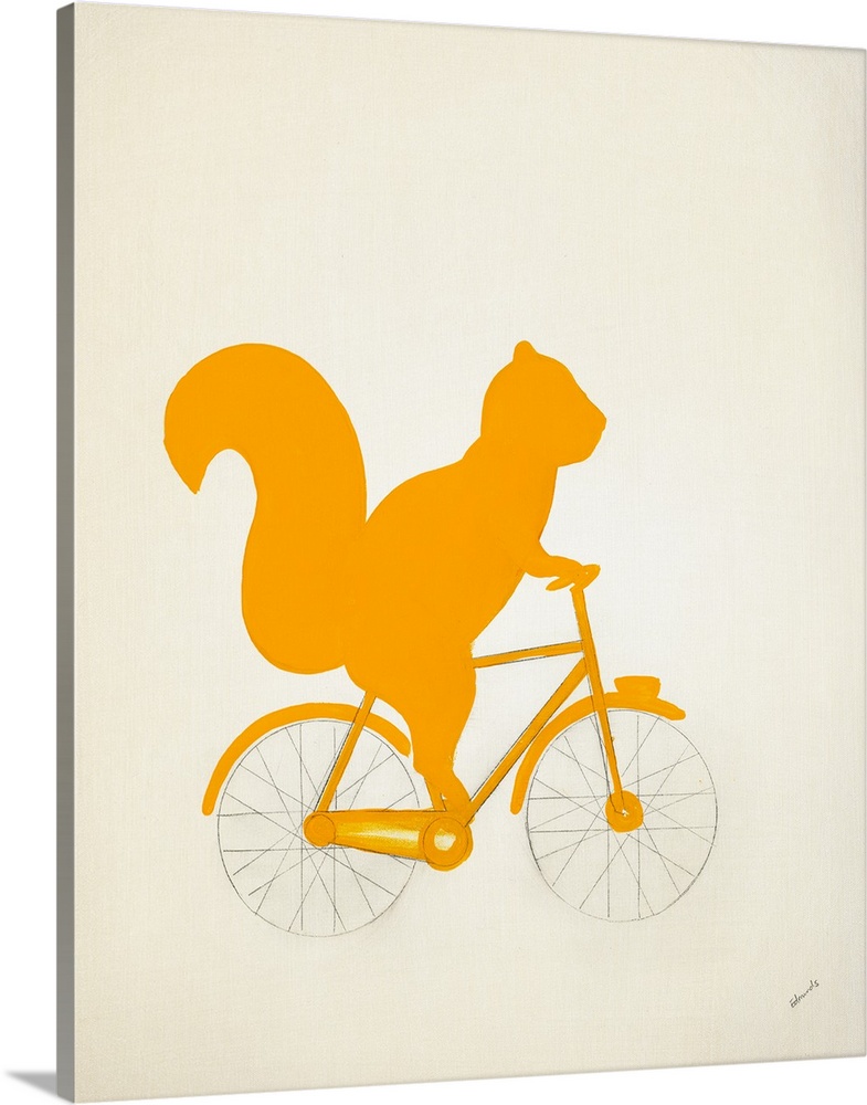 Yellow silhouette of a squirrel riding a bicycle with pencil drawn wheels and spokes.