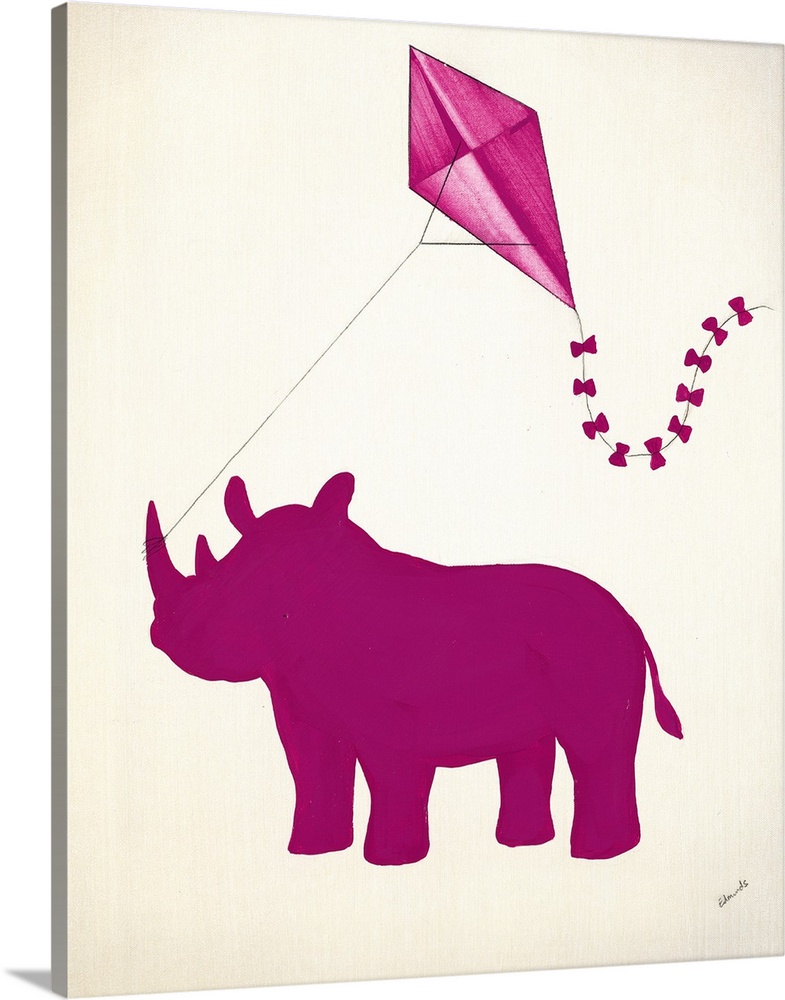 Pink silhouetted rhinoceros holding a pink kite with its tusk.