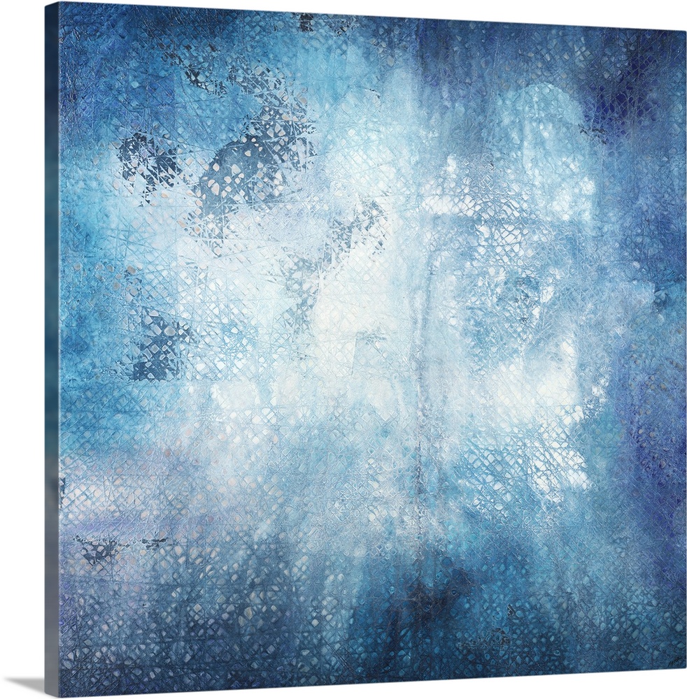 Square abstract art in shades of blue with lined texture coming through.