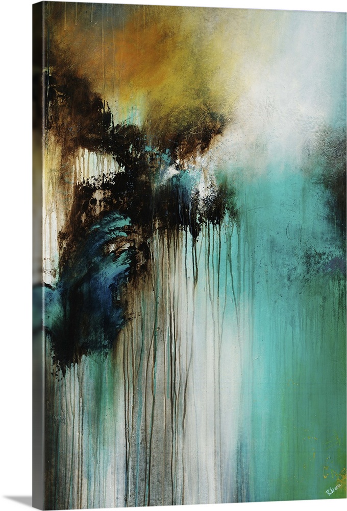 Contemporary abstract painting with dripping black paint on white and teal.