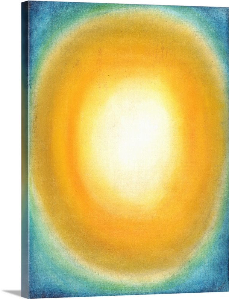 Contemporary abstract painting of a golden oval shape in the center of the image against a crystal blue background.