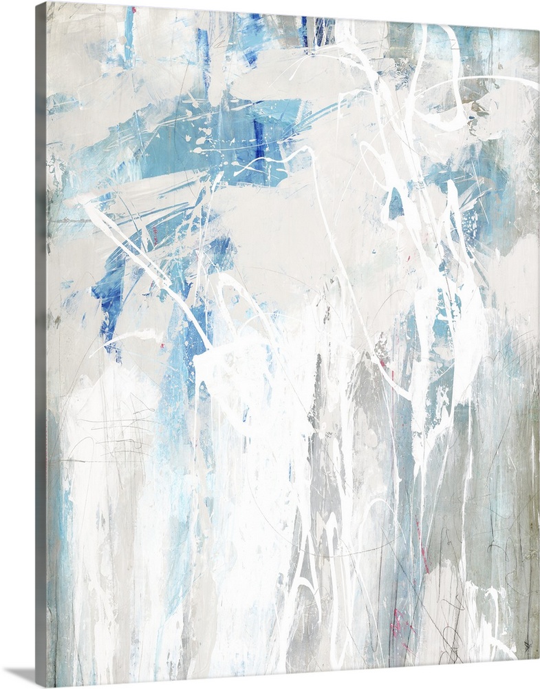Large abstract painting in shades of blue, beige, gray, and white.