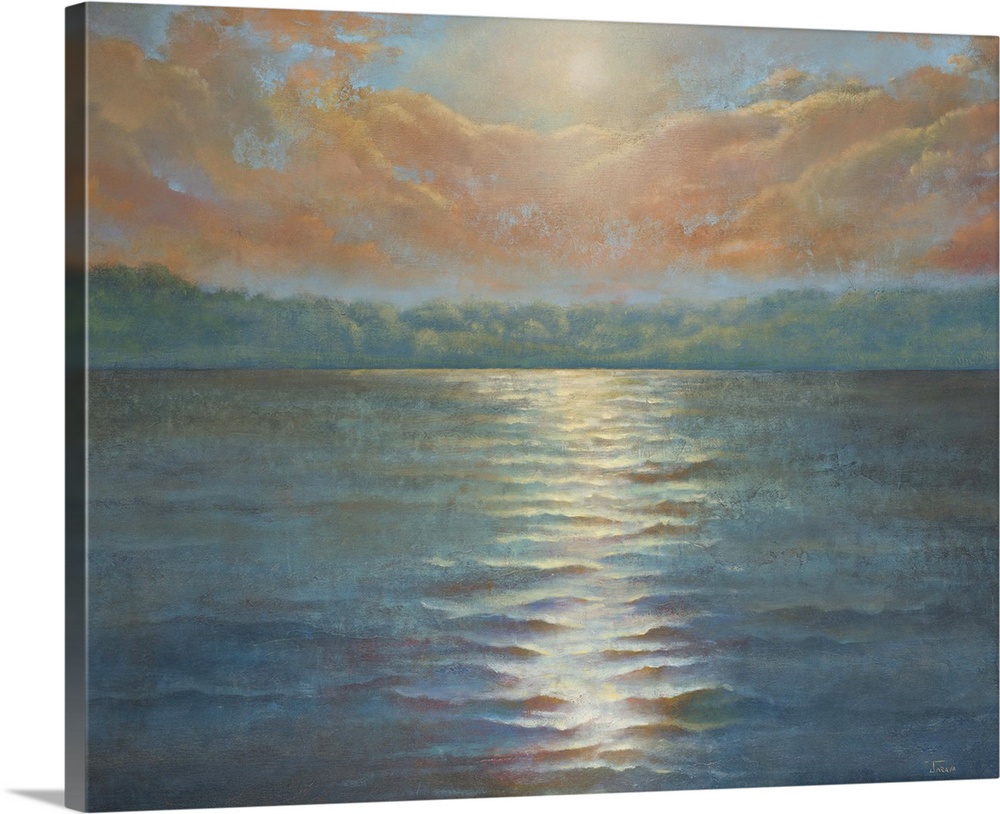 Contemporary painting of a sun setting over a body of water.