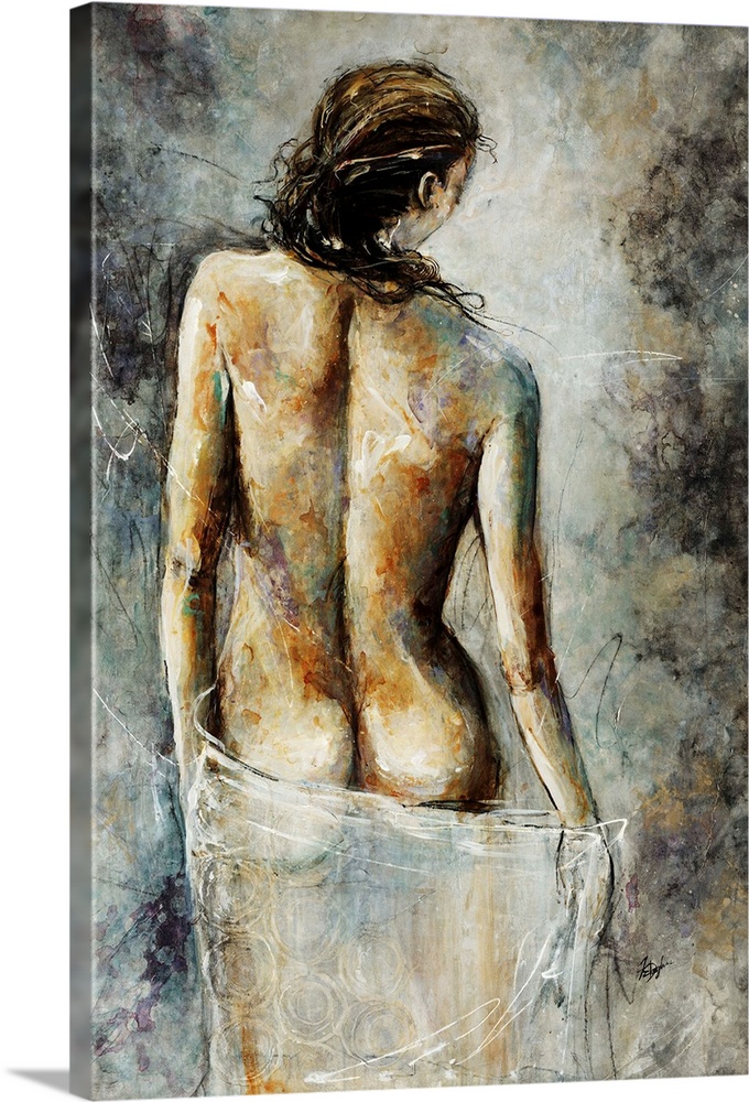 Contemporary artwork drawn of a woman's backside as she drapes a white cloth just below her buttocks.