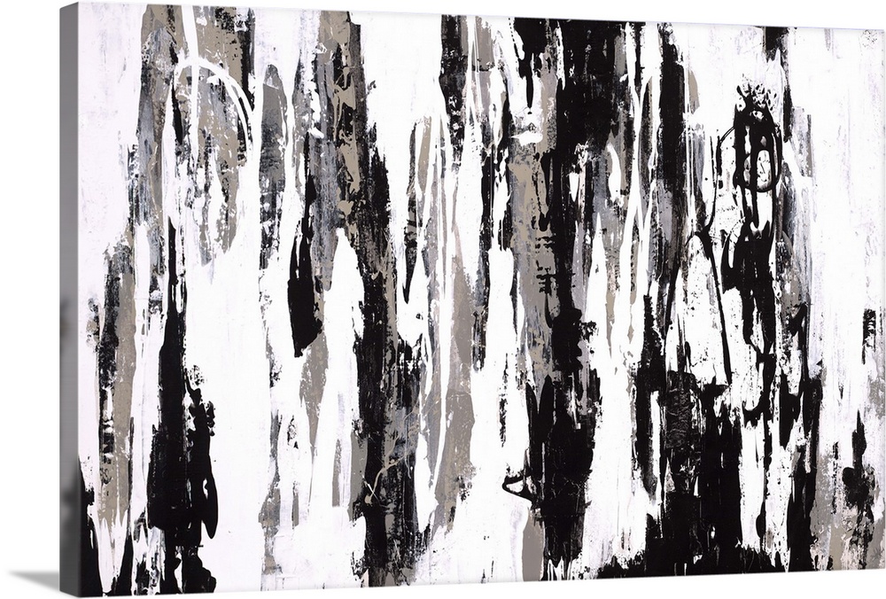 Abstract painting with harsh black and gray splatters and swipes in a downward motion.