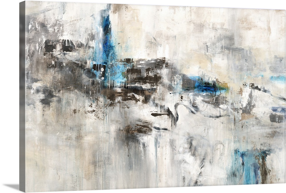 Large abstract painting  with neutral colors and pops of bright blue throughout.