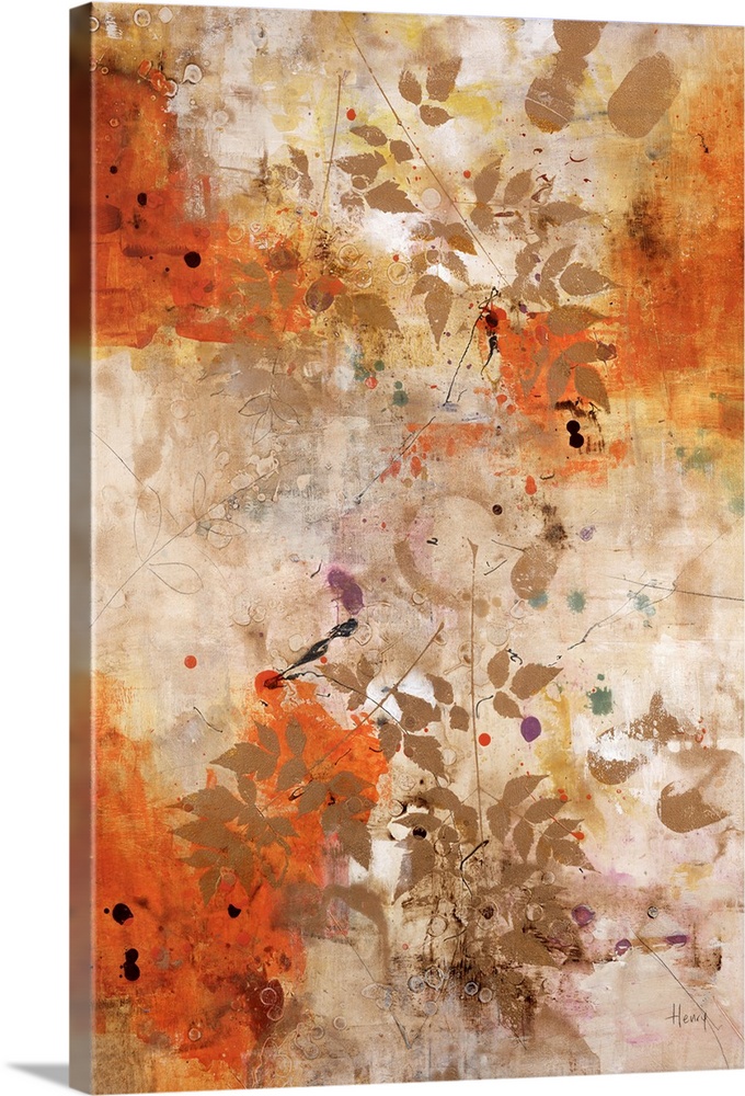Contemporary art of solid neural color leaves pressed into a textured background with splatters of autumn colors.