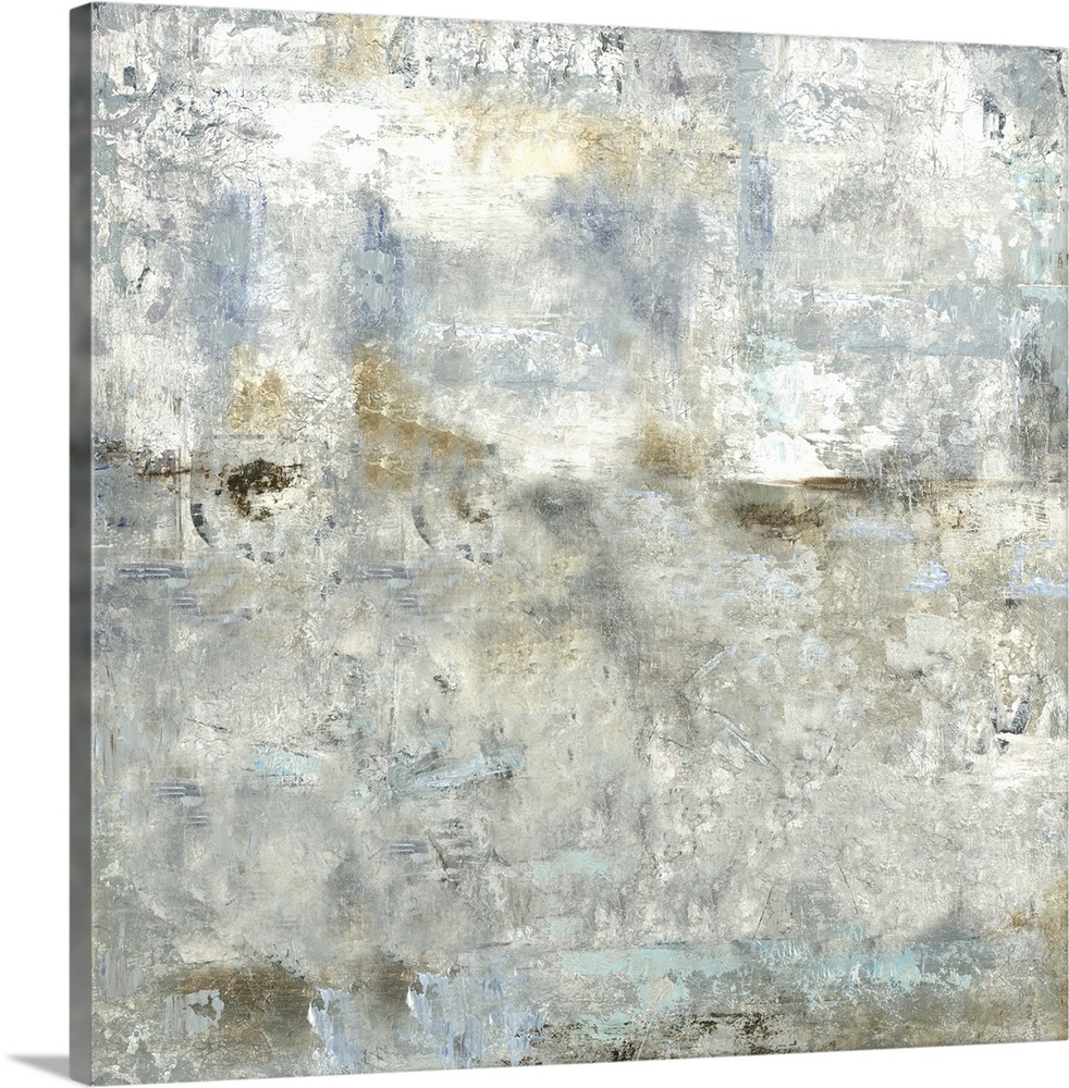 Square abstract painting with cool gray, blue, and gold tones.
