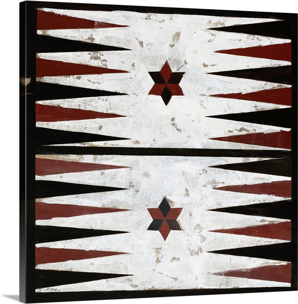 Painting of a rustic looking backgammon board surrounded by a black border.