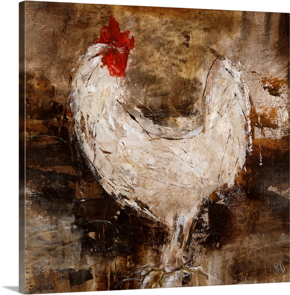 A contemporary painting on a square canvas of a rooster painted with very gestural brushstrokes and unspecific shapes.