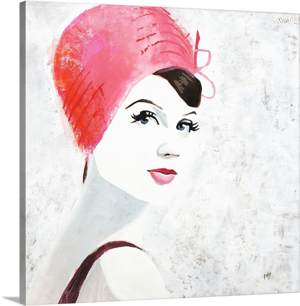 Square painting of a woman with pink lips and a pink hat on a white background with gray and gold splotches.