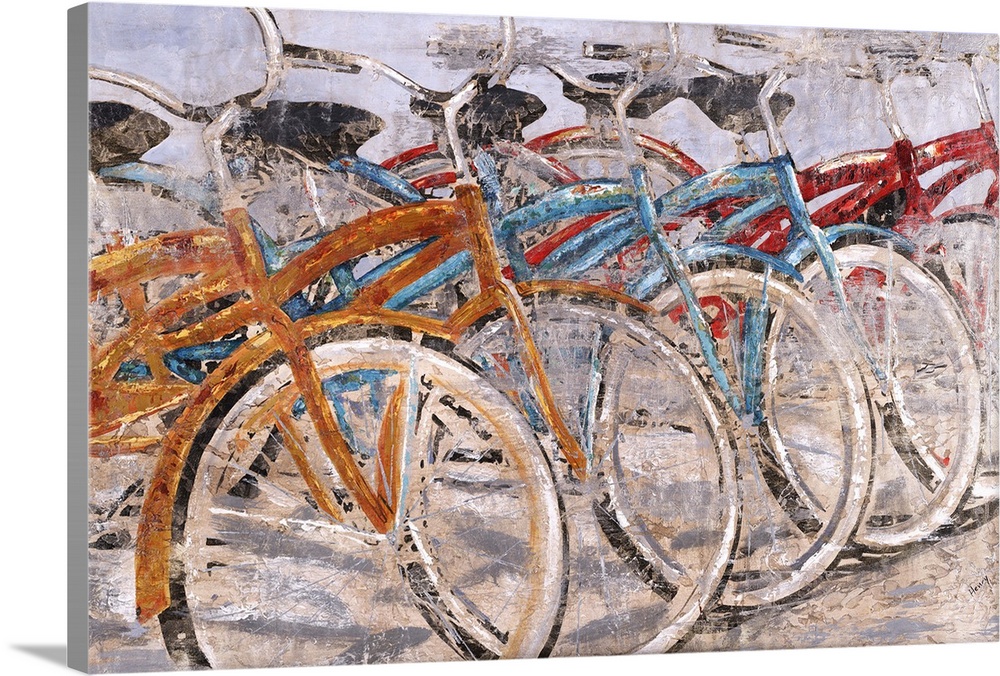 Contemporary painting with orange, blue, and red bicycles parked in a line.