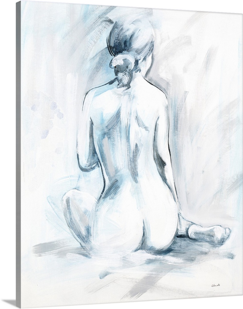Cool toned abstract painting of the backside of a naked woman with her hair tied up in a low ponytail.