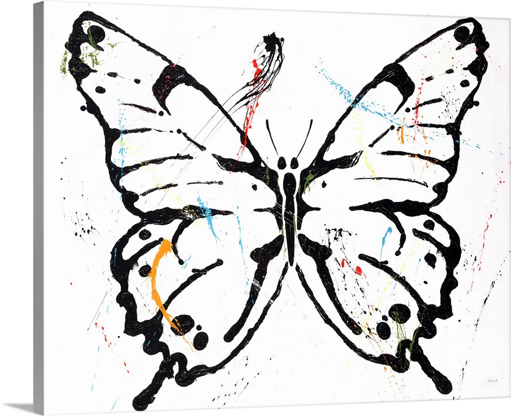 Black outlined butterfly with colorful paint splatter on top on a white background.