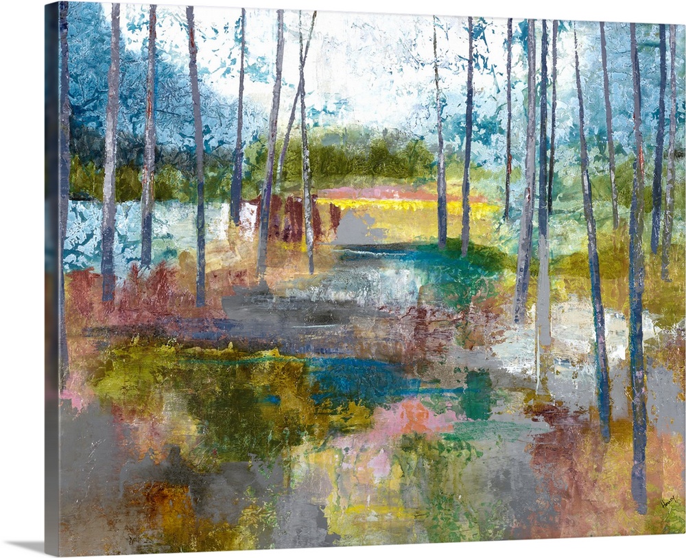 Contemporary abstract painting of a landscape with trees and a colorful multi-colored ground.