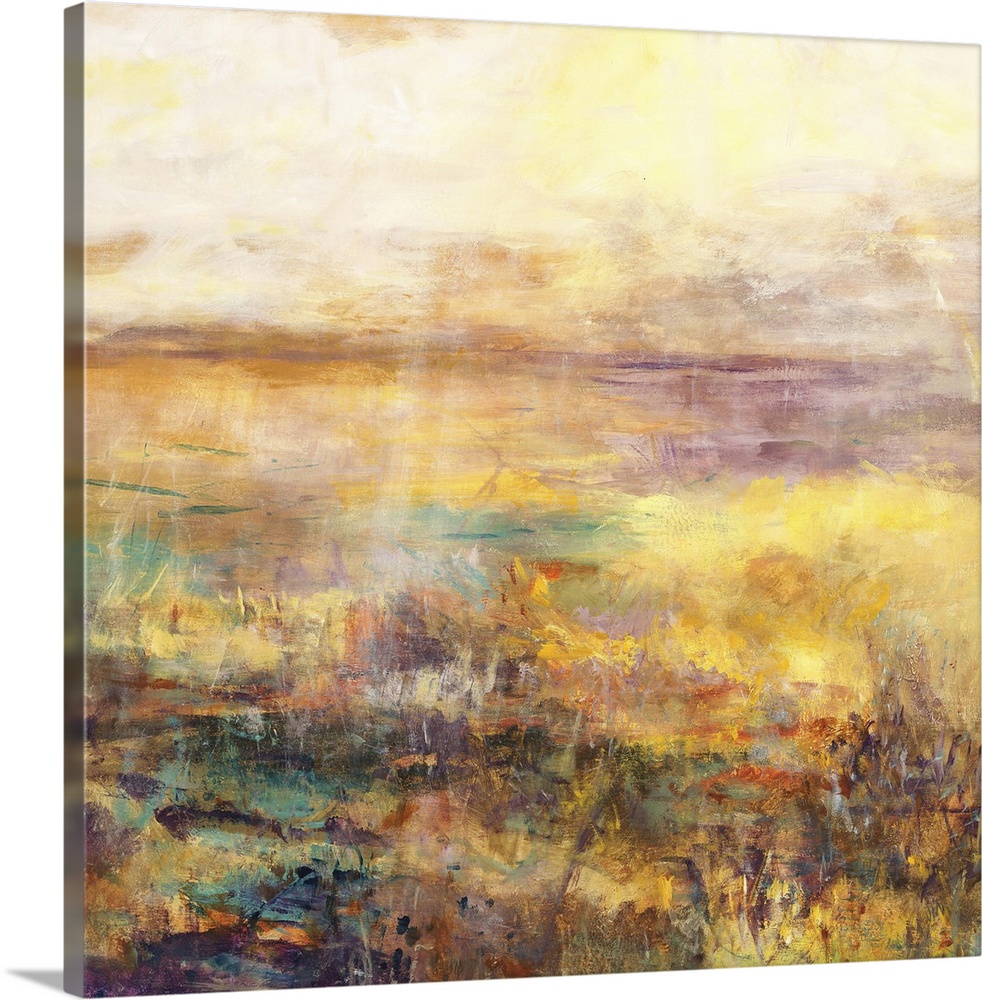 Contemporary abstract artwork in shades of lavender and gold, resembling a field at sunset.